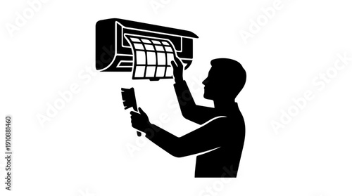 Air conditioner cleaning and maintenance service. Technician removing filter from AC unit. Vector illustration