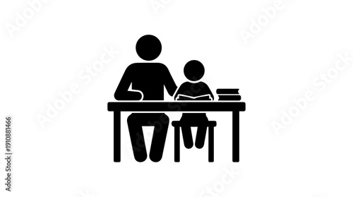 Parent and child reading book together icon. Education and homework silhouette symbol. Vector illustration