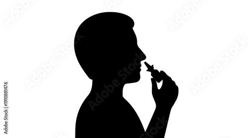 Boy using nasal spray silhouette. Medical treatment for allergy and cold icon