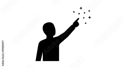Person pointing at stars silhouette. Dreaming and reaching for success concept