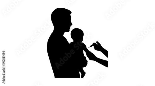 Father holding baby for vaccine injection. Healthcare and immunization concept. Silhouette vector illustration