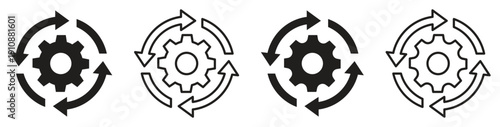 Gear with arrows icon set, refresh, process, workflow, loop, rotation, update, repeat cycle, settings, system icon set
