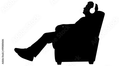 Man listening to music in armchair silhouette. Relaxing with headphones concept. Vector illustration