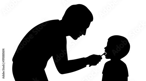 Father brushing son's teeth silhouette. Parent helping child with dental care vector