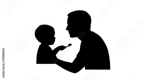 Father and baby holding toothbrush silhouette. Dental hygiene concept vector illustration