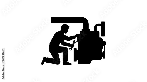Mechanic repairing engine silhouette. Auto service and maintenance vector icon