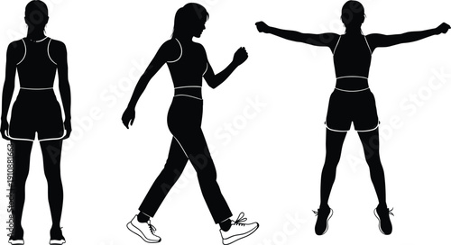 Set of black silhouettes featuring a woman in fitness apparel in various poses including standing walking and performing jumping jacks.