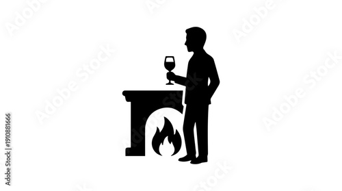 Man drinking wine by fireplace silhouette. Relaxing at home vector illustration. Luxury lifestyle concept