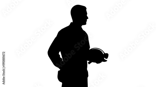 Construction worker holding hard hat silhouette. Industrial engineer vector illustration