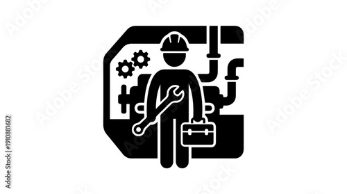 Industrial worker with wrench and toolbox. Mechanic or engineer vector icon