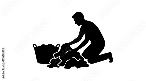 Person sorting laundry silhouette. Housekeeping and clothes folding vector illustration