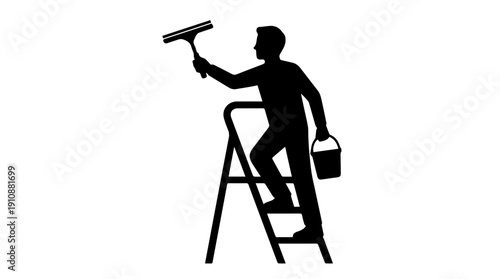 Window cleaner on ladder silhouette. Cleaning service and maintenance vector icon