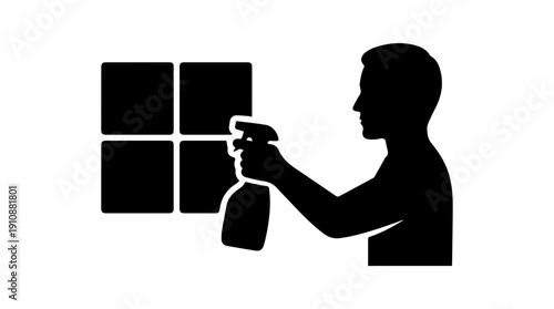 Man cleaning window with spray bottle silhouette. Professional housekeeping and janitorial service icon. Vector illustration isolated on white background