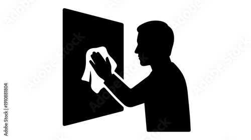 Man wiping window with cloth silhouette. Professional cleaning and polishing service icon. Vector illustration isolated on white background