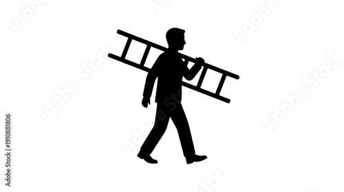 Man carrying ladder silhouette. Handyman or technician walking with equipment. Professional worker vector illustration isolated on white background
