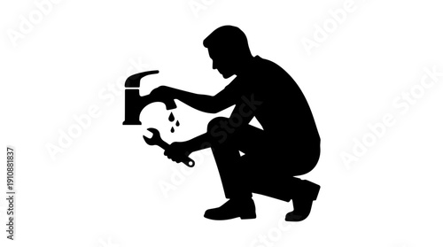 Plumber repairing a leaky faucet silhouette. Home maintenance and plumbing service concept. Minimalist vector illustration of worker with wrench isolated on white background