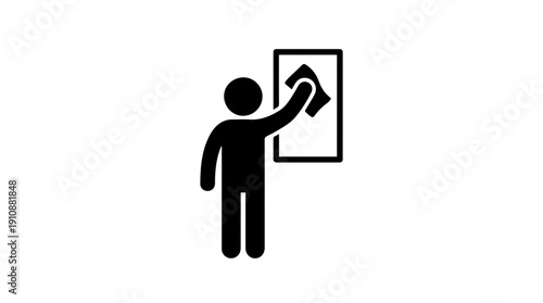 Stick figure wiping surface with cloth silhouette. Minimalist cleaning and maintenance icon. Vector illustration isolated on white background