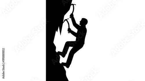 Ice climber silhouette scaling a steep wall. Extreme mountain climbing sport vector illustration. Minimalist athlete with ice axes isolated on white background