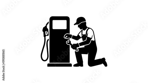 Gas station mechanic repairing fuel pump silhouette. Service station maintenance and repair concept. Minimalist vector illustration isolated on white background