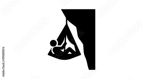 Rock climber resting in a portaledge silhouette. Extreme big wall climbing and camping concept. Minimalist vector illustration isolated on white background