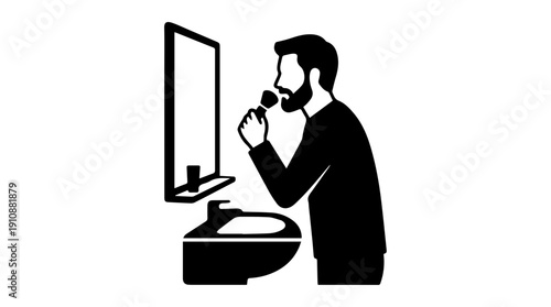 Man grooming and shaving in front of mirror silhouette. Personal hygiene and male skincare concept. Minimalist vector illustration isolated on white background