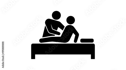 Caregiver helping patient sit up in bed silhouette. Medical assistance and nursing care pictogram. Minimalist vector illustration isolated on white background