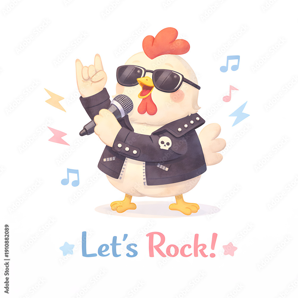 Fototapeta premium Cool cartoon rooster singer in leather jacket with microphone, sunglasses and musical notes, cheerful energetic performance