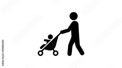 Person pushing baby stroller silhouette. Parent walking with infant in pram icon. Flat vector illustration isolated on white background