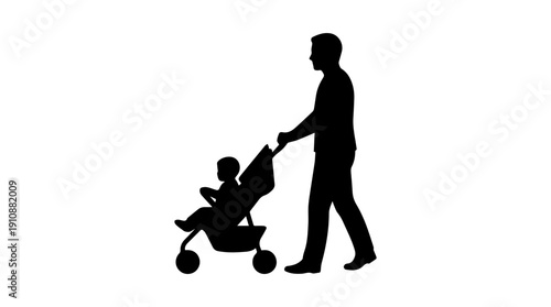 Father pushing baby in a stroller silhouette. Parenting and outdoor activity concept. Minimalist vector illustration isolated on white background
