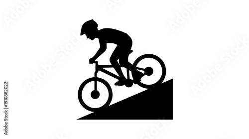 Mountain biker riding downhill silhouette. Cyclist on mountain bike vector illustration. Minimalist sport icon isolated on white background