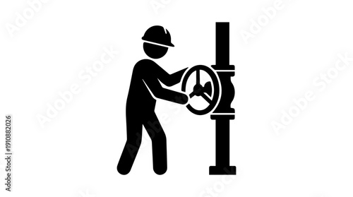 Industrial worker turning pipe valve pictogram. Minimalist maintenance worker silhouette vector illustration. Simple industrial icon isolated on white background
