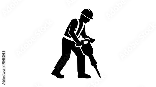 Silhouette of a worker with a jackhammer. Construction and demolition icon. Man in a hard hat and safety vest drilling. Vector graphic
