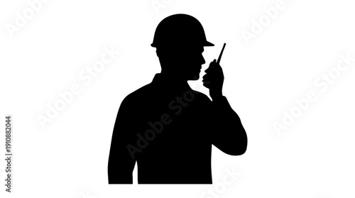 Silhouette of a construction worker with a walkie-talkie. Industrial engineer or foreman icon. Vector illustration isolated on white background