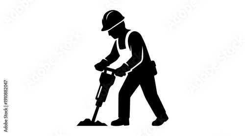 Construction worker with a jackhammer silhouette icon. Road work and demolition symbol. Flat vector illustration of a man drilling concrete