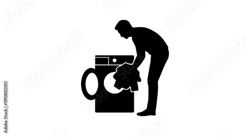 Silhouette of a person doing laundry. Man putting clothes in a washing machine. Housework and cleaning service icon. Flat vector illustration