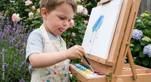 Wallpaper Mural Focused young boy wearing apron painting with watercolors on canvas and easel in beautiful summer garden with flowers. Torontodigital.ca
