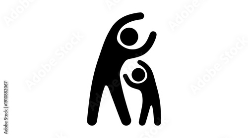 Parent and child exercising together icon. Family fitness and stretching silhouette. Simple black glyph vector illustration