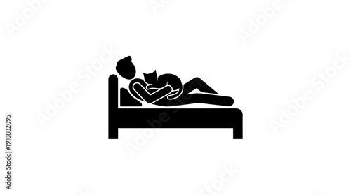 Person sleeping in bed with a cat icon. Man cuddling a pet silhouette. Simple black glyph vector illustration
