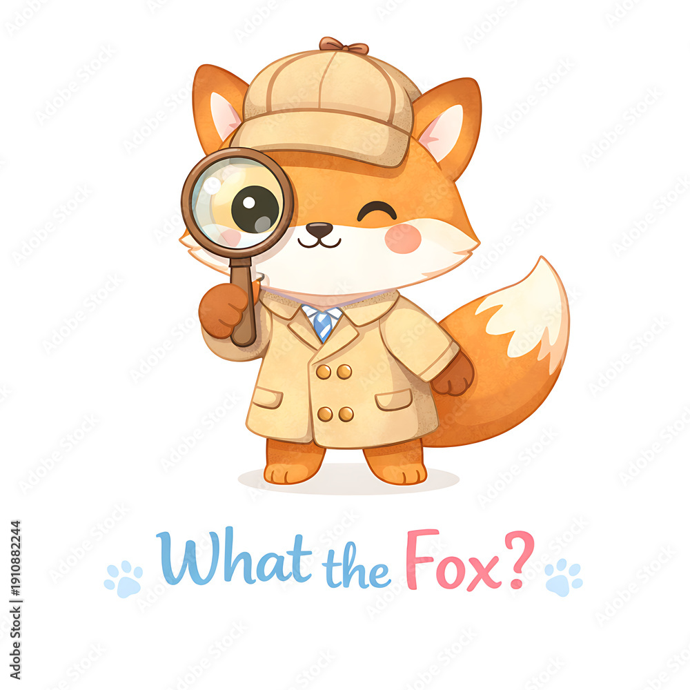 Naklejka premium Cute detective fox with magnifying glass and trench coat winking playfully, cheerful illustration for children