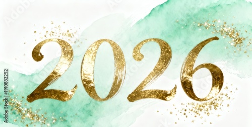 Golden 2026 text on watercolor background with glitter