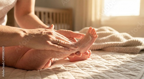 Wallpaper Mural Mother applying moisturizing lotion on baby foot at home in nursery room with warm sunlight. Torontodigital.ca