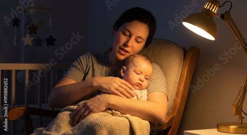 Wallpaper Mural Mother cradling baby in rocking chair under warm lamp light in nursery during peaceful nighttime bedtime routine. Torontodigital.ca