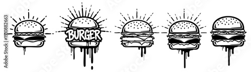 Professional collection of hand drawn burger logo icons with vintage sunburst rays and urban drips