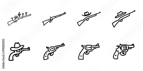 Rifle And Revolver Line Icon Set In Doodle Style. Western Theme, Cowboy Culture, And Firearm Collection Outline Sketch. Hand Drawn Isolated Vector Illustration