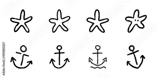Starfish And Anchor Line Icon Set In Doodle Style. Marine Life And Nautical Symbols Outline Sketch Collection. Oceanic And Maritime Themes. Hand Drawn Isolated Vector Illustration