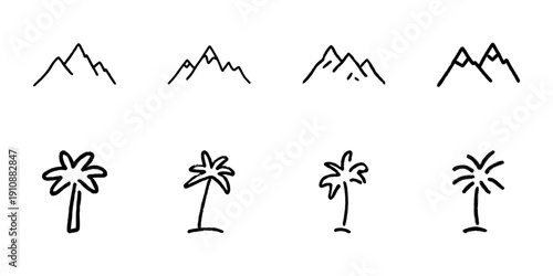 Mountain And Palm Tree Line Icon Set In Doodle Style. Nature And Travel Symbol Outline Sketch Collection. Adventure And Tropical Vacation Theme. Hand Drawn Isolated Vector Illustration
