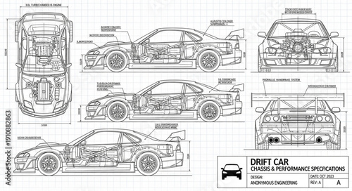 Technical Drawings of Sports Car Design.
