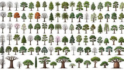 Various trees in different seasons and styles for landscaping and nature backgrounds