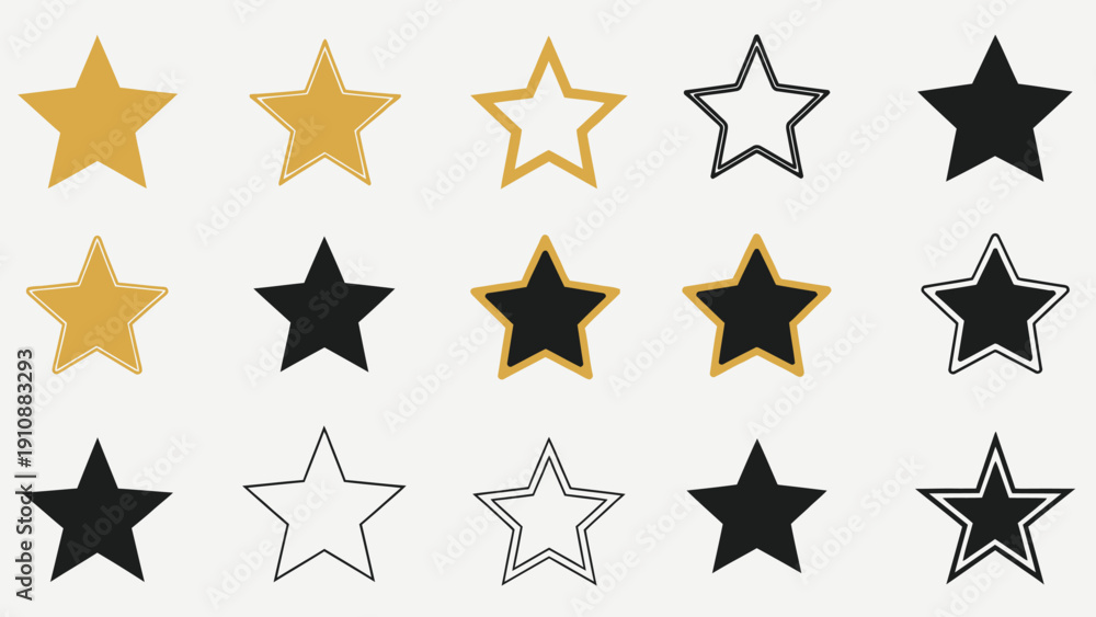 Fototapeta premium Collection of gold, black, and white star shapes in various styles and colors for rating or decoration