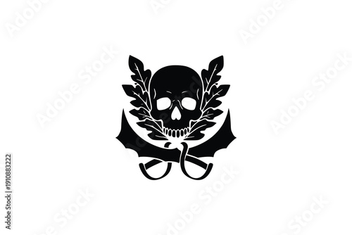Military Style Skull with Crossed Swords and Wreath Emblem logo